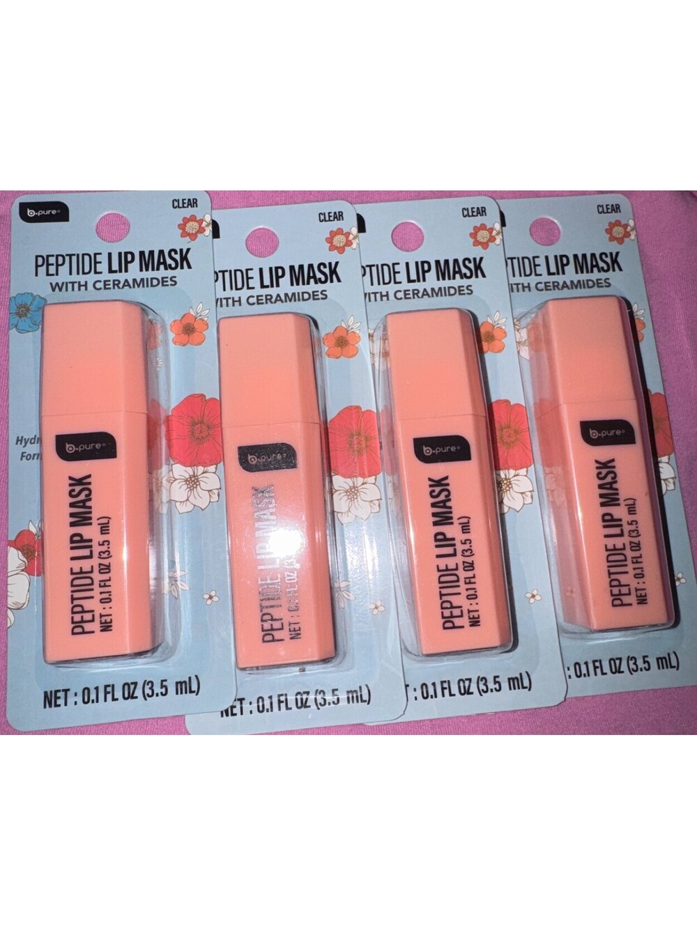 4 Pack B.Pure Peptide Lip Mask with Ceramides Clear Hydrating Formula 0.1oz Each
